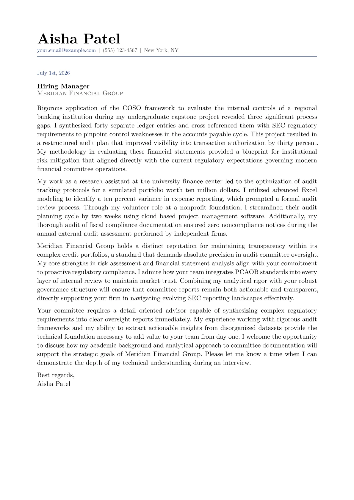 Audit Committee Advisor cover letter in the Classic design