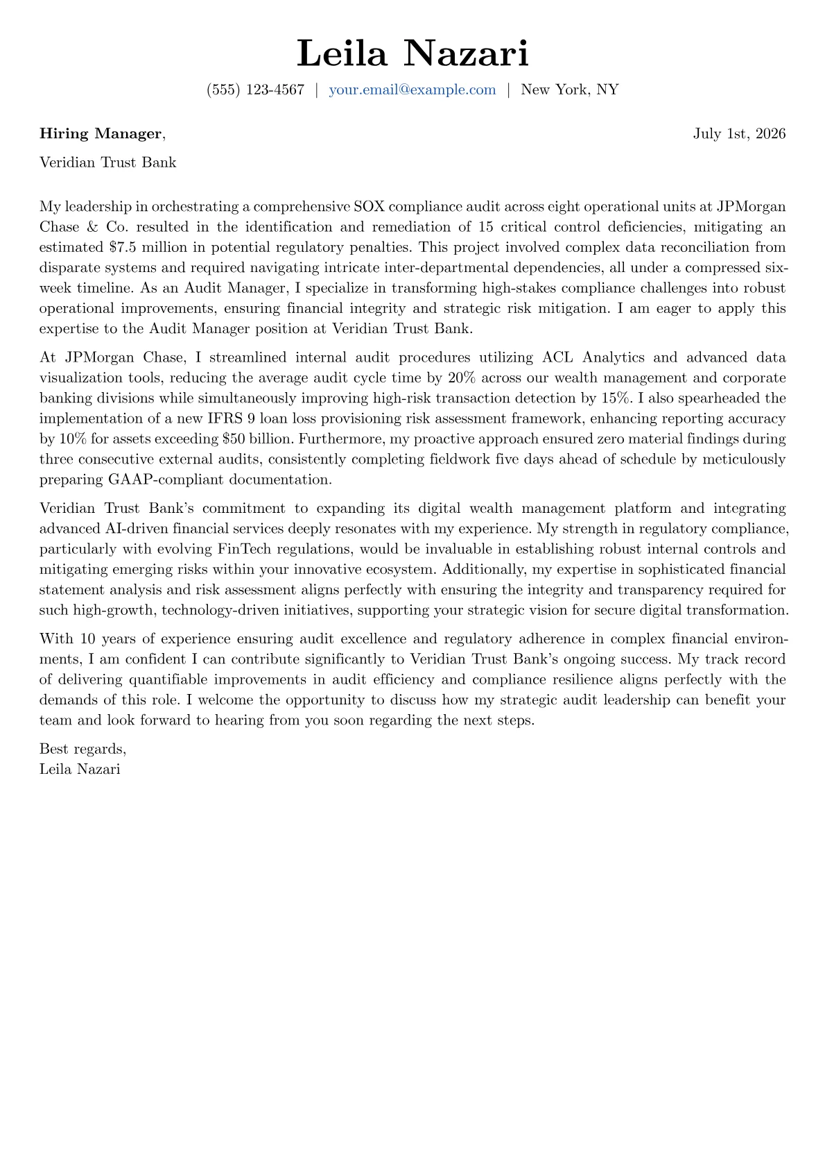 Audit Manager cover letter formatted with a JobSprout template