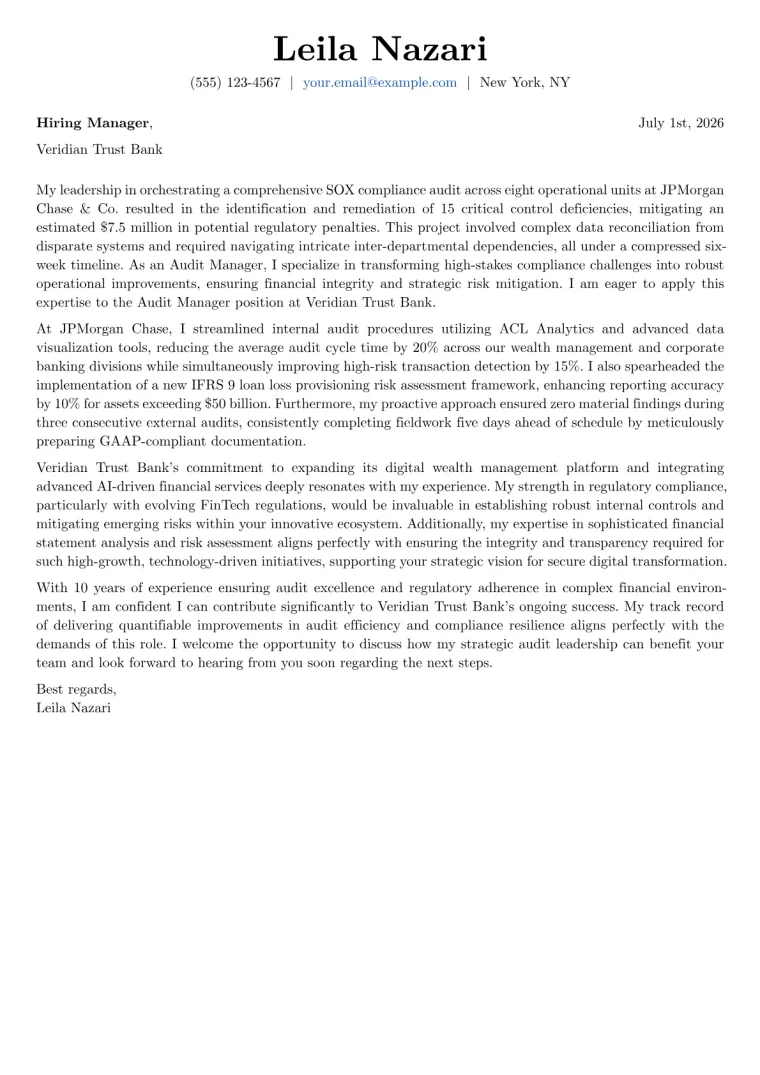 Audit Manager Cover Letter Example