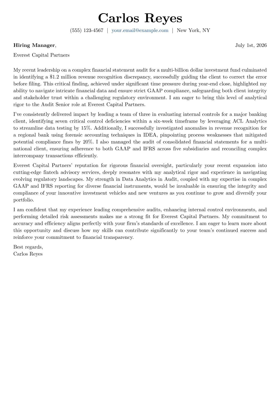 Audit Senior cover letter formatted with a JobSprout template