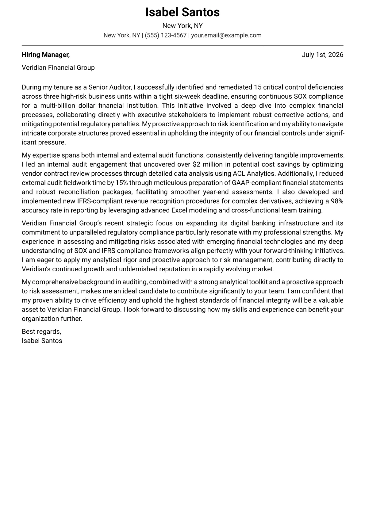 Auditor cover letter formatted with a JobSprout template