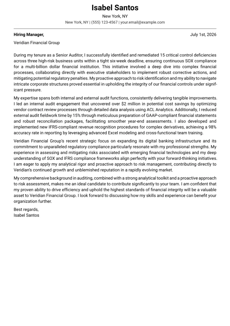 Auditor Cover Letter Example