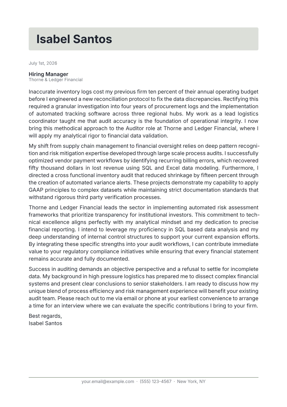 Auditor cover letter in the Letterhead design