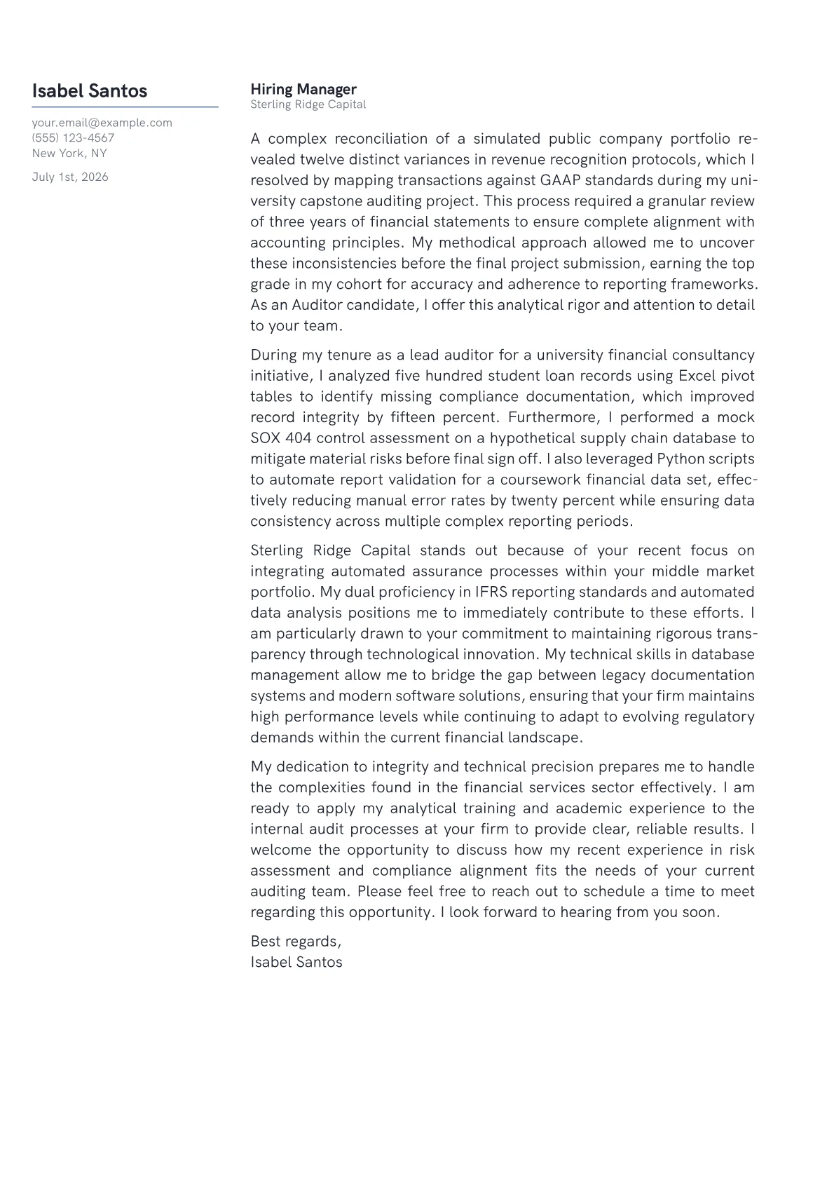 Auditor cover letter in the Margin design