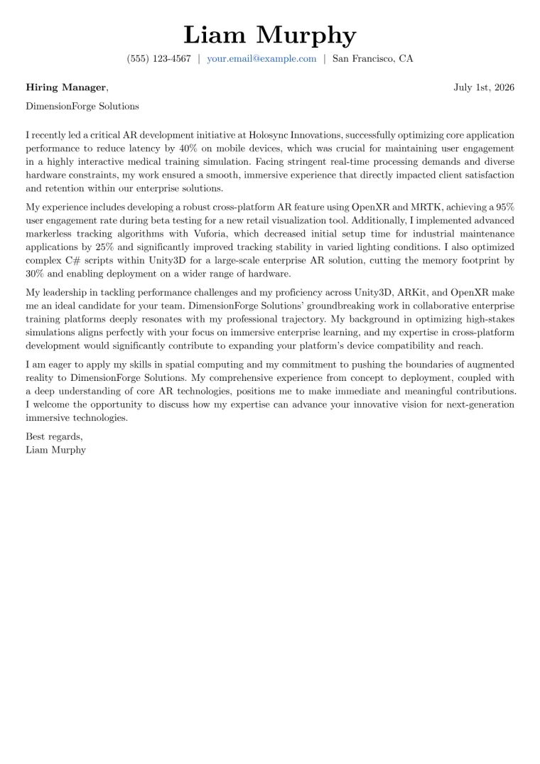 Augmented Reality Developer Cover Letter Example