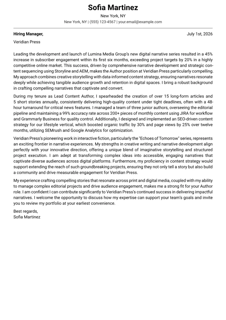 Author Cover Letter Example