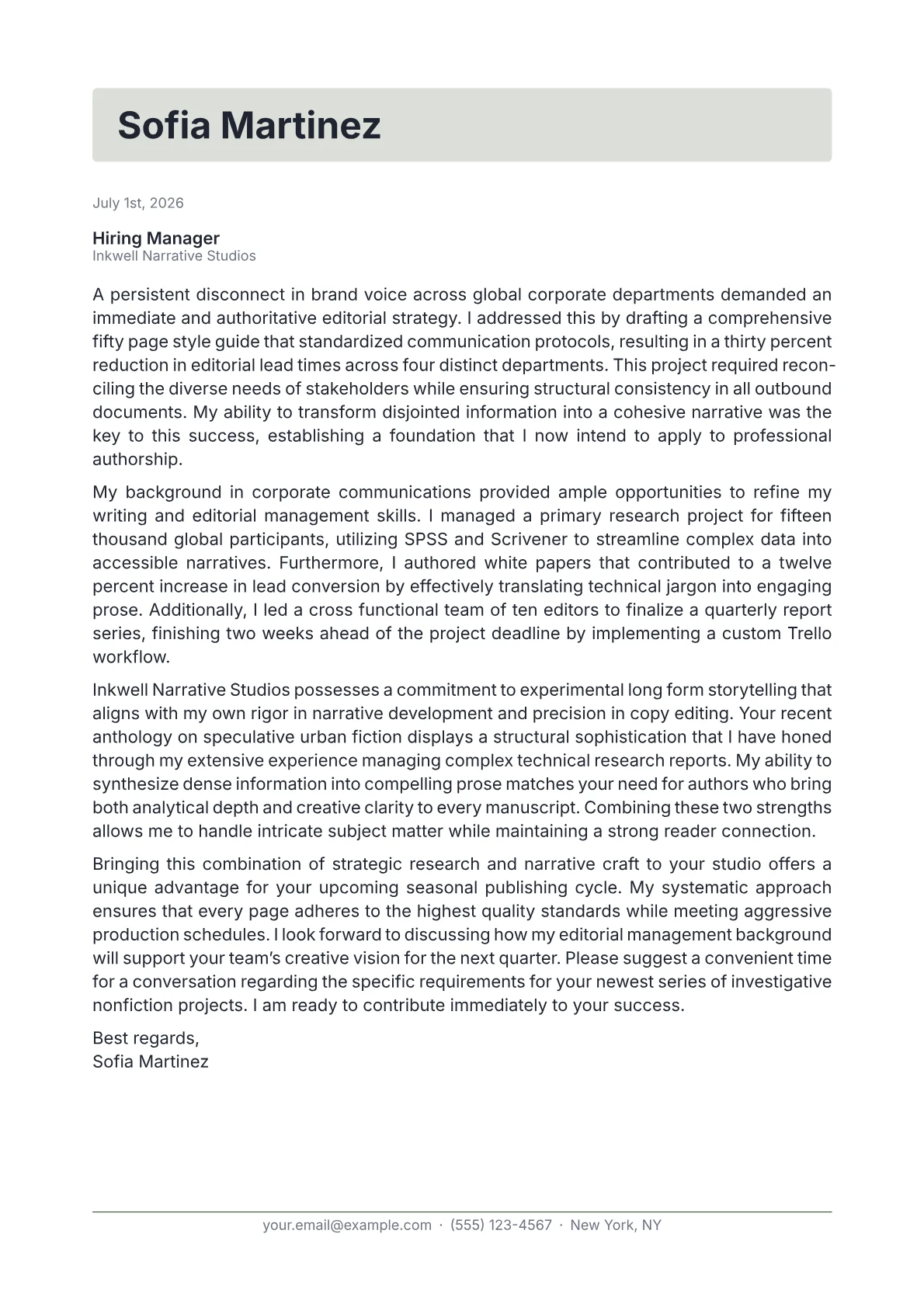 Author cover letter in the Letterhead design