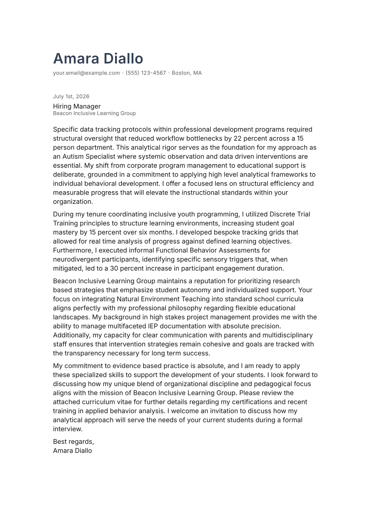 Autism Specialist cover letter in the Minimal design