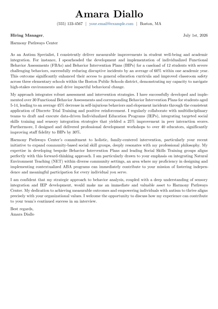 Autism Specialist Cover Letter Example