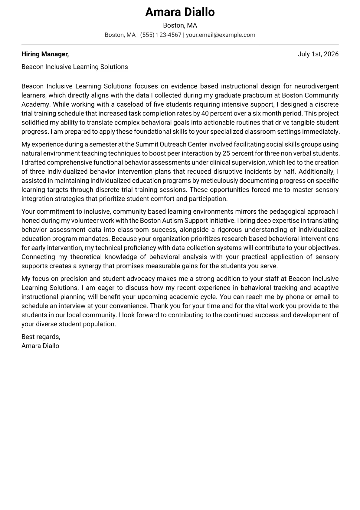 Autism Specialist cover letter in the Modern design