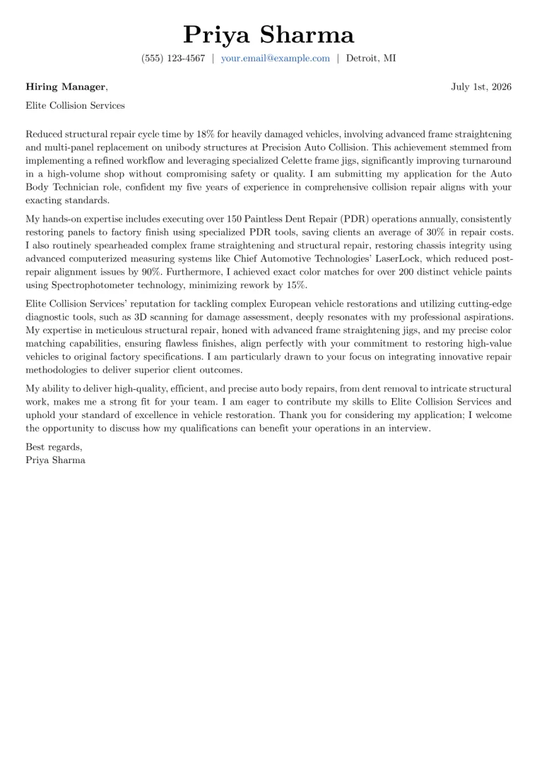 Auto Body Technician cover letter example preview