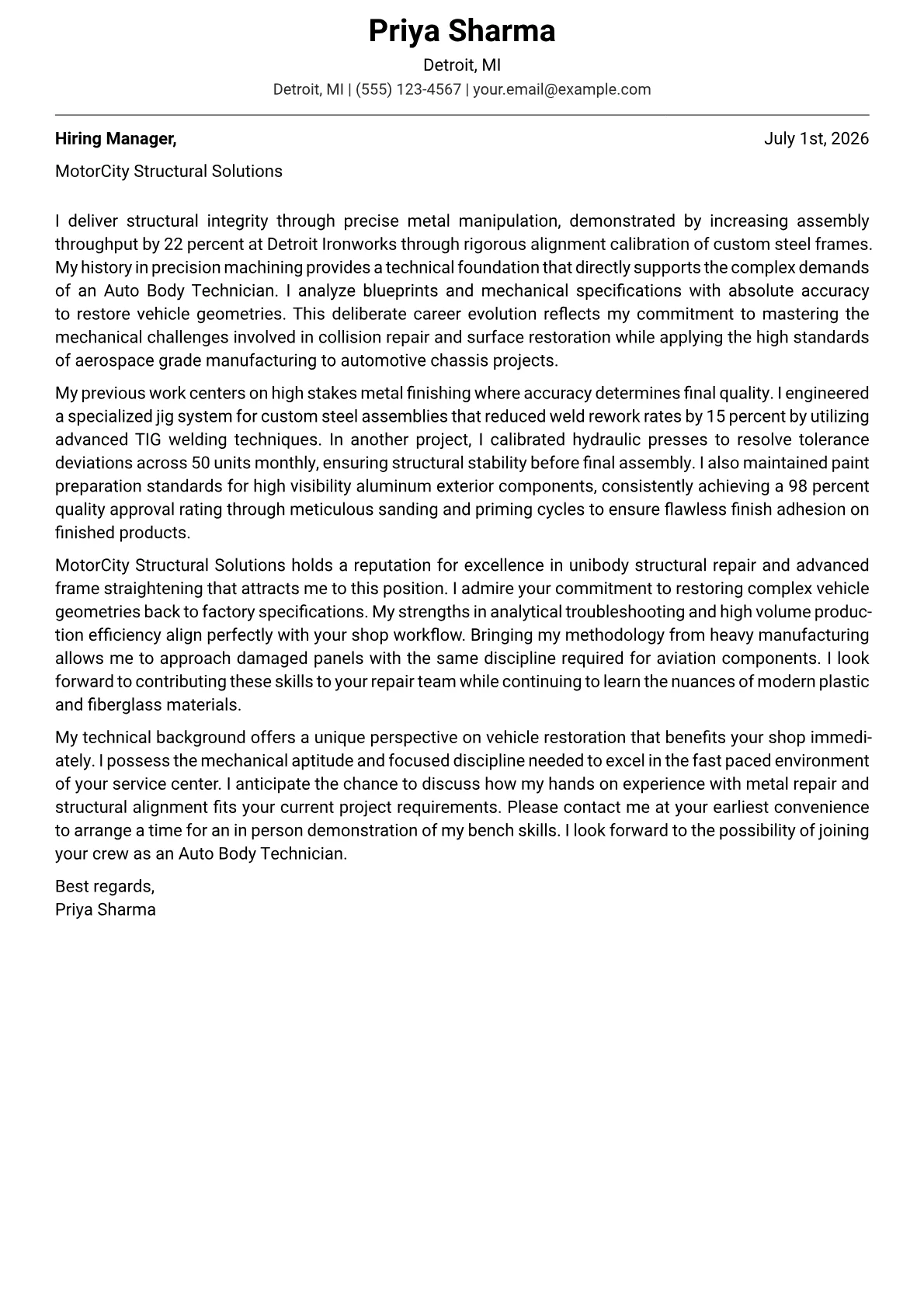 Auto Body Technician cover letter in the Modern design