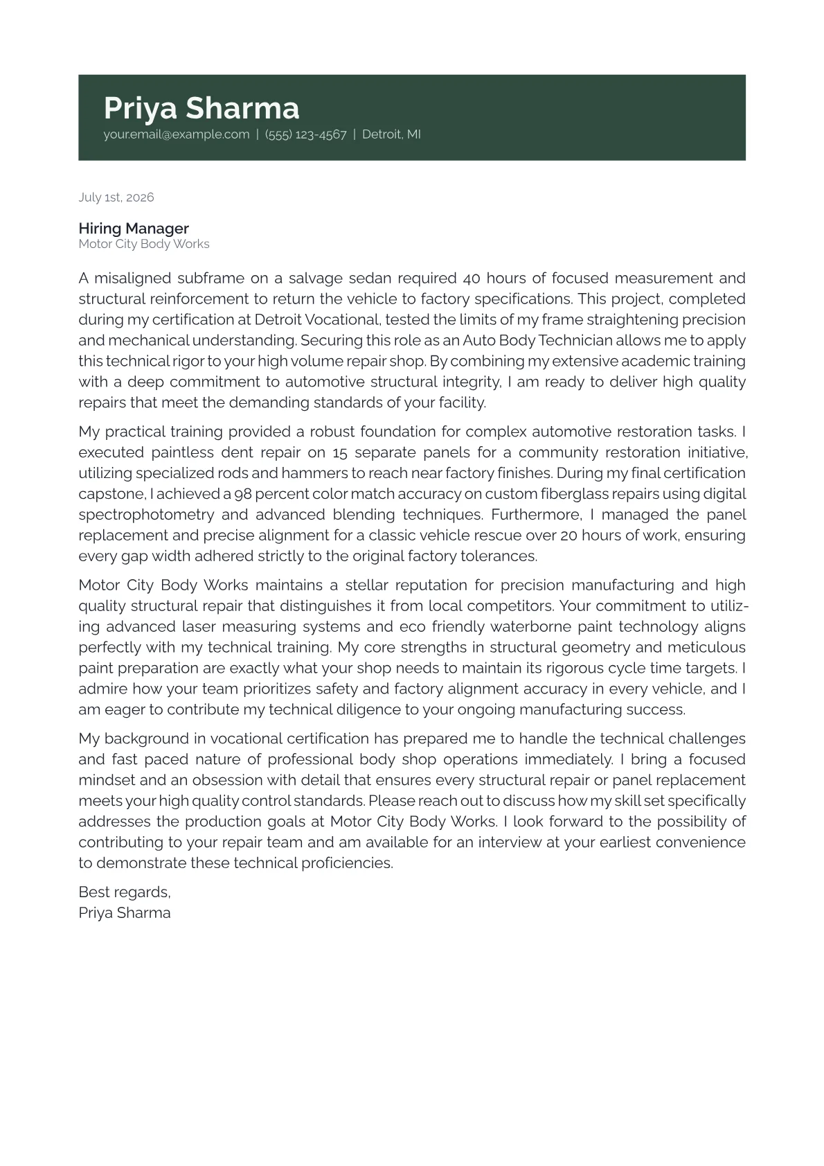 Auto Body Technician cover letter in the Banner design