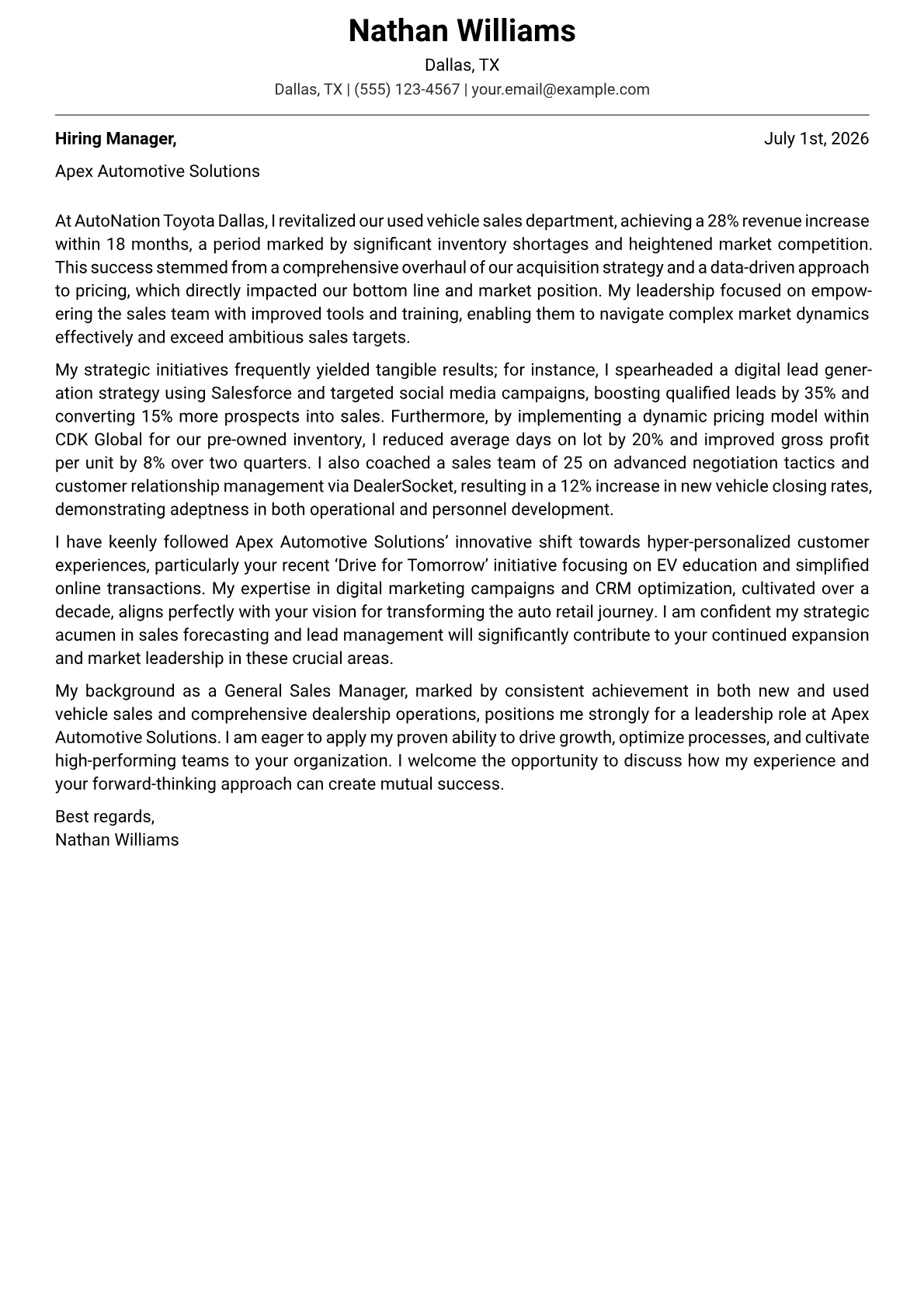 Auto Dealer cover letter formatted with a JobSprout template