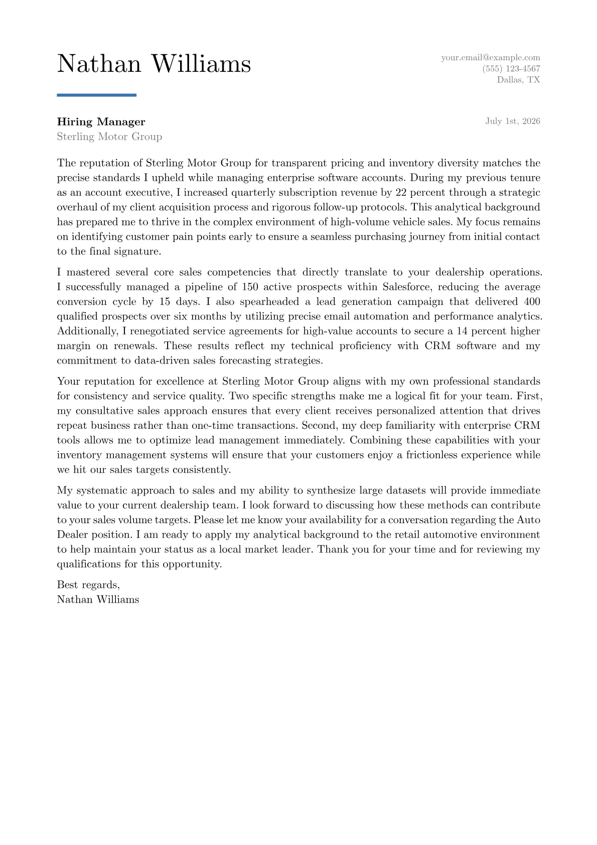 Auto Dealer cover letter in the Executive design