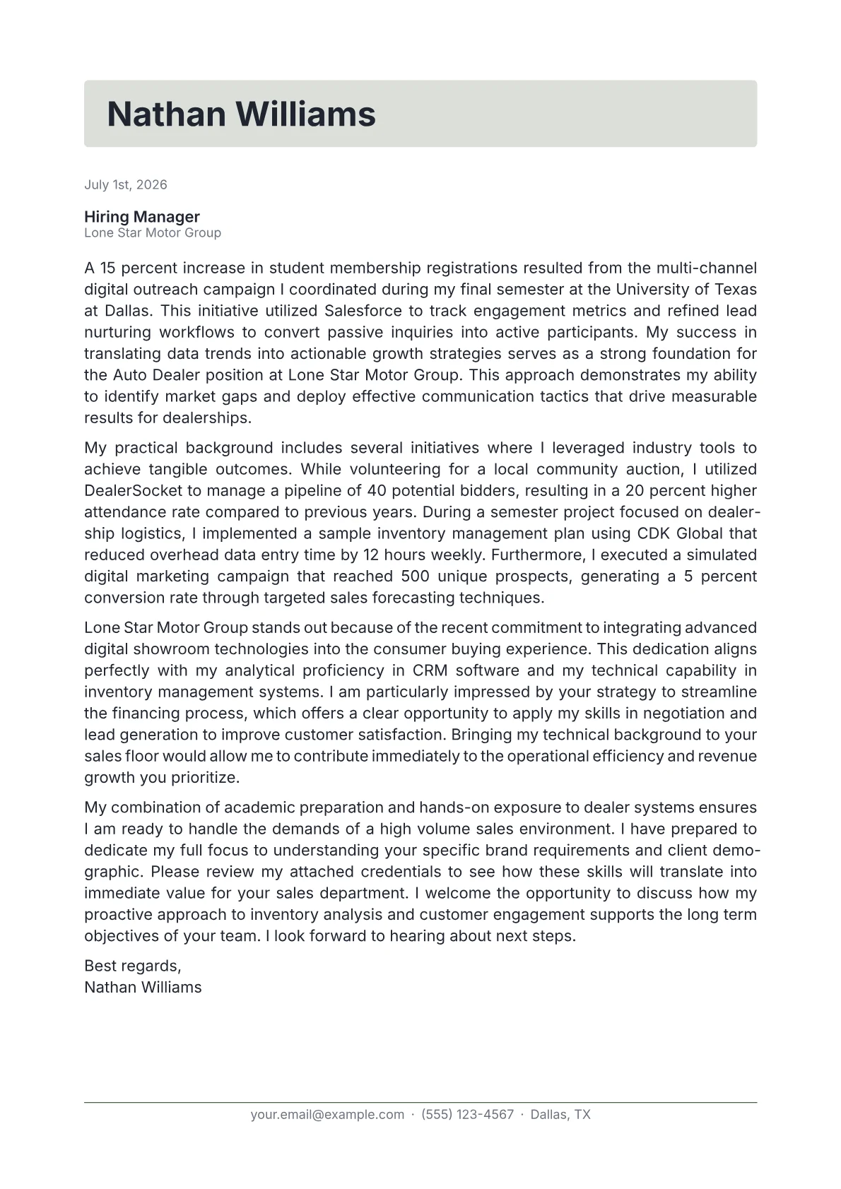 Auto Dealer cover letter in the Letterhead design