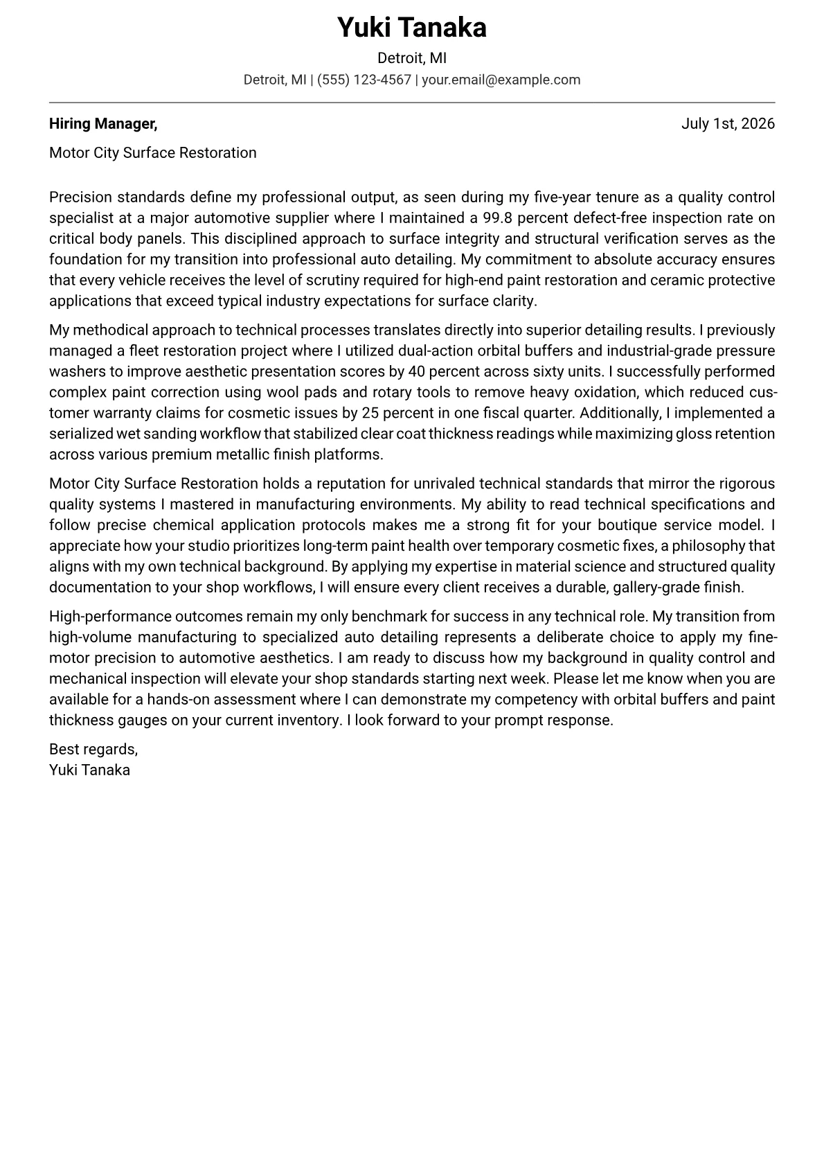 Auto Detailer cover letter in the Modern design