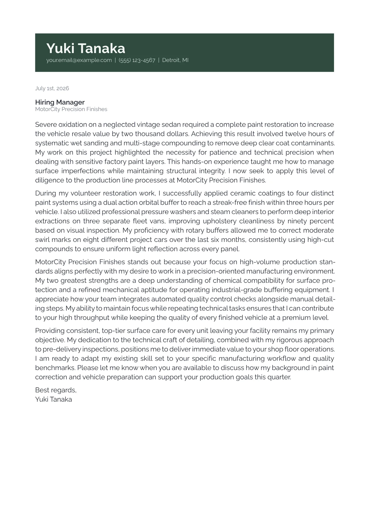 Auto Detailer cover letter in the Banner design