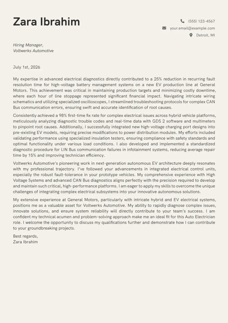 Auto Electrician Cover Letter Example