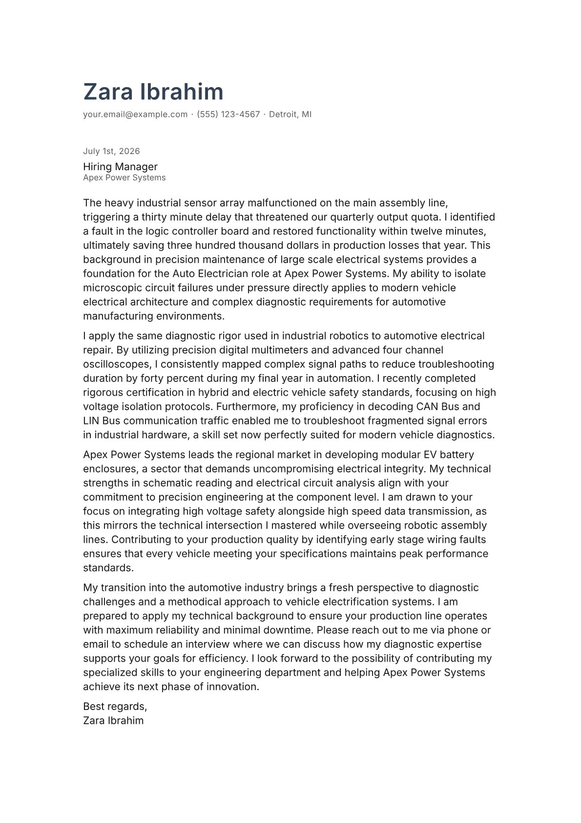 Auto Electrician cover letter in the Minimal design
