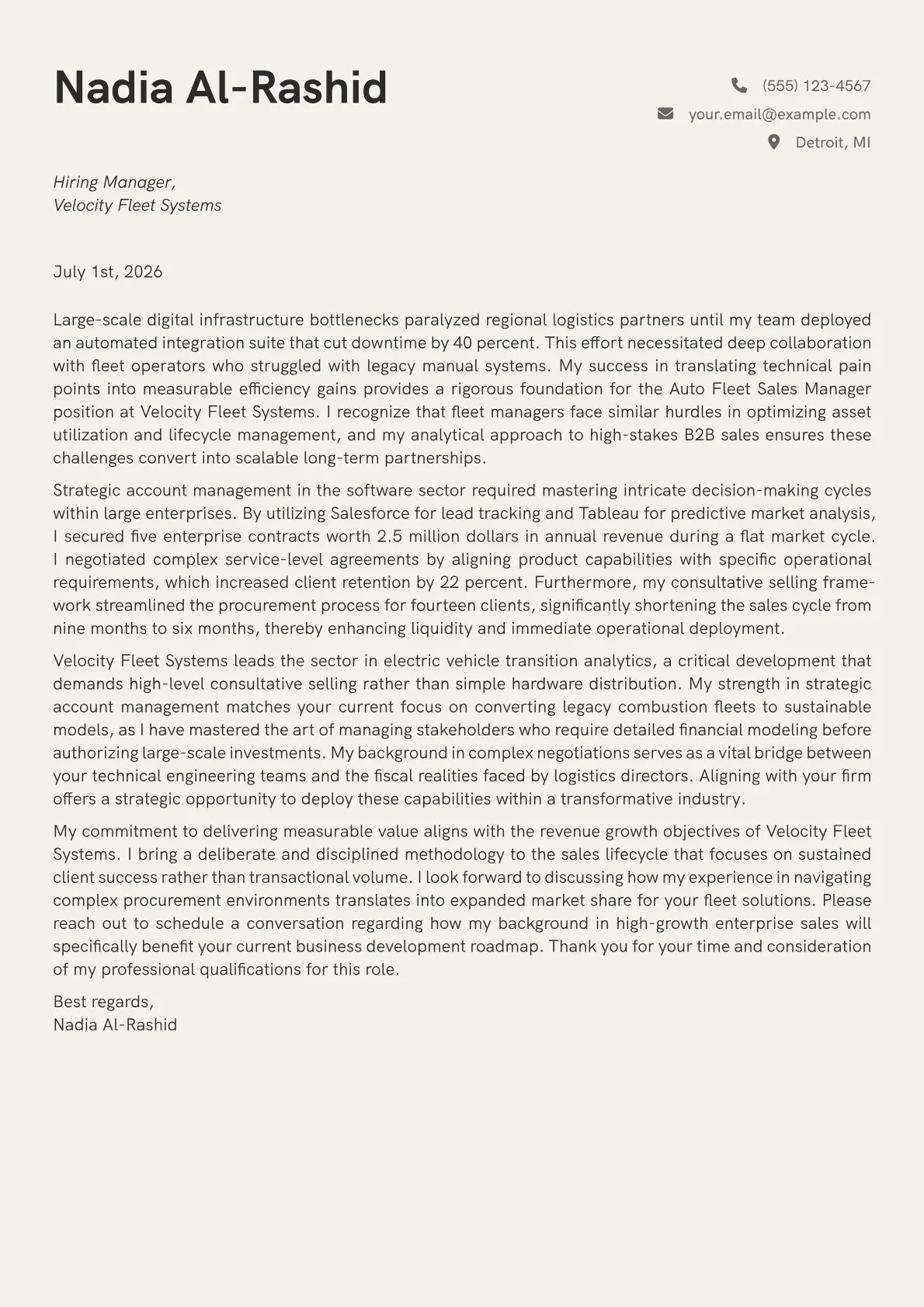 Auto Fleet Sales Manager cover letter in the Creative design