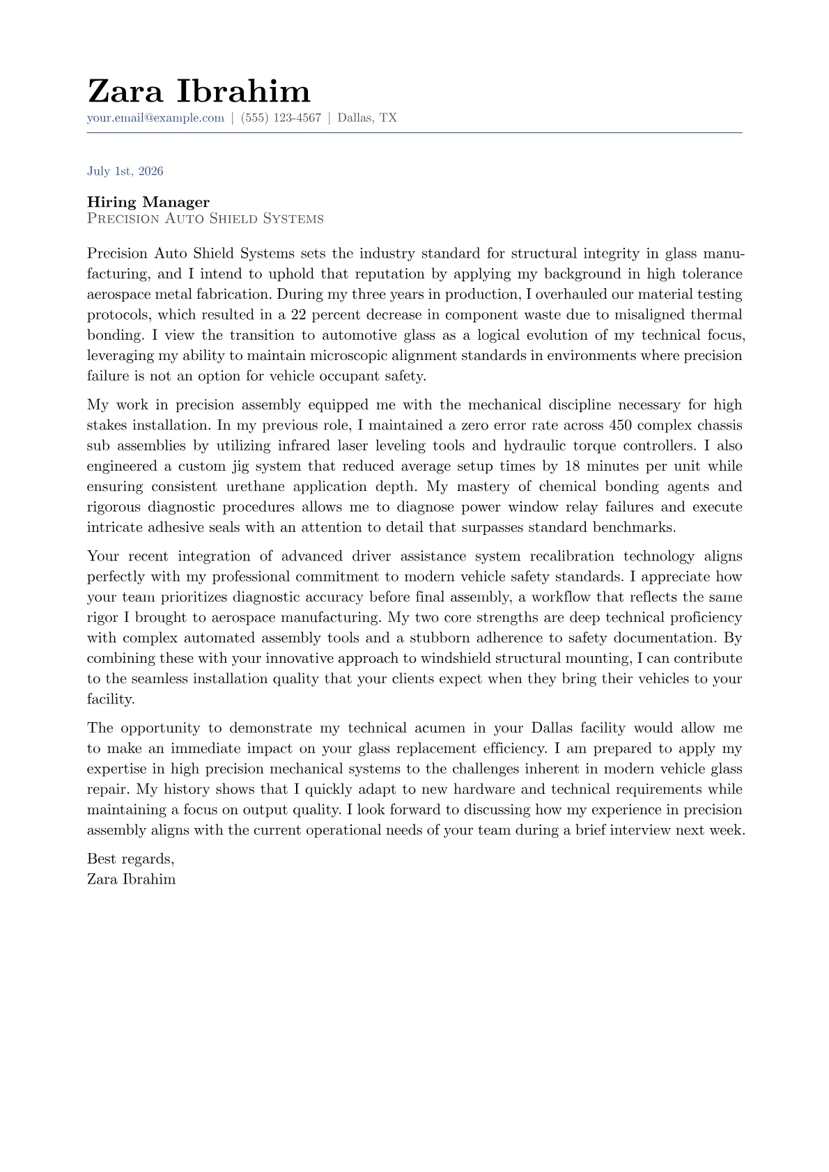 Auto Glass Technician cover letter in the Classic design