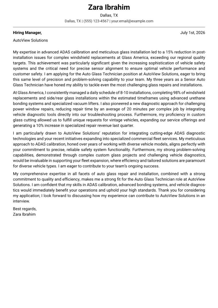 Auto Glass Technician cover letter example preview