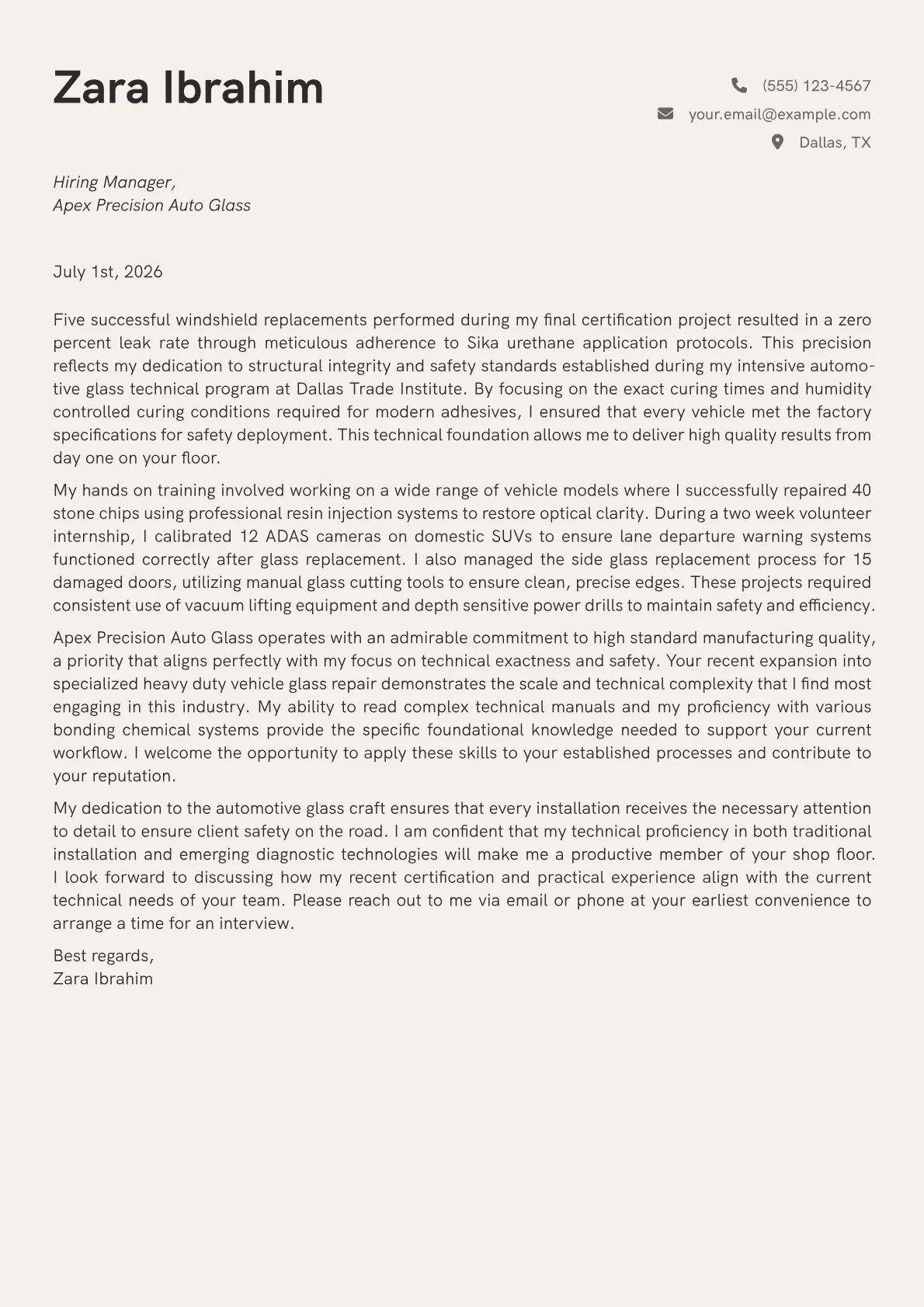 Auto Glass Technician cover letter in the Creative design