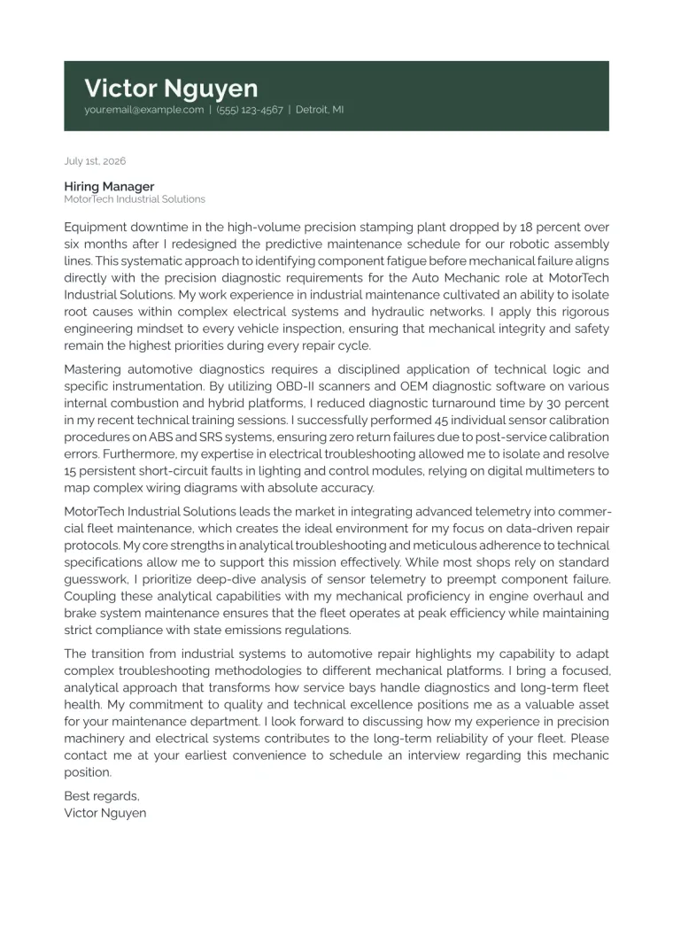 Auto Mechanic cover letter for a career changer