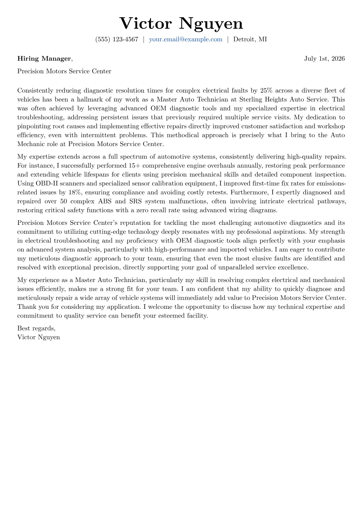 Auto Mechanic cover letter formatted with a JobSprout template
