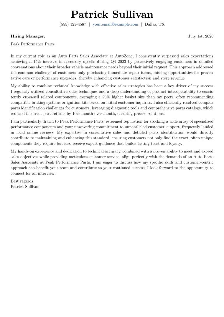 Auto Parts Sales Associate Cover Letter Example