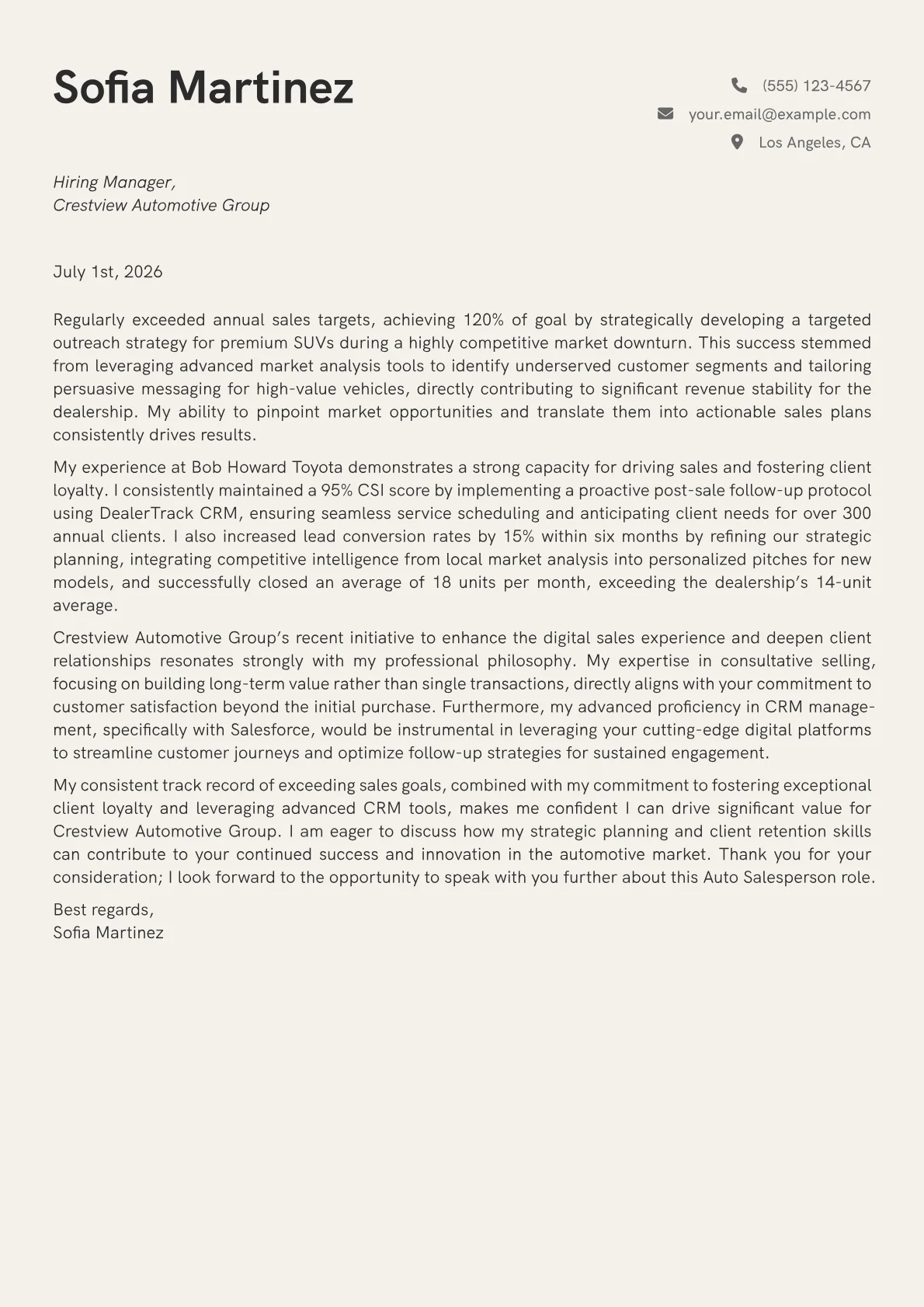 Auto Salesperson cover letter formatted with a JobSprout template