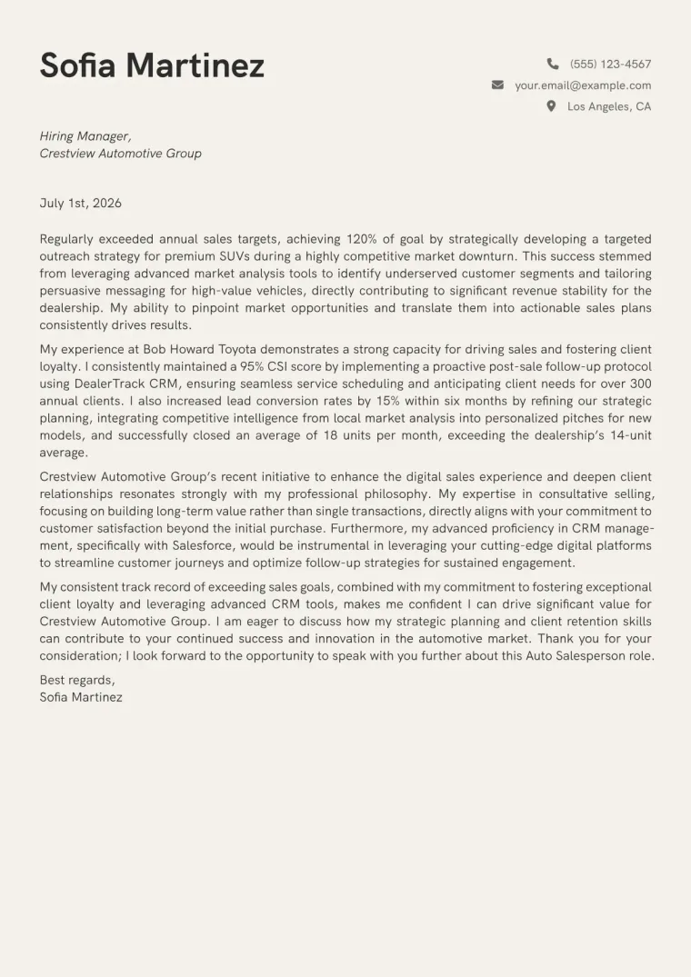 Auto Salesperson cover letter example preview