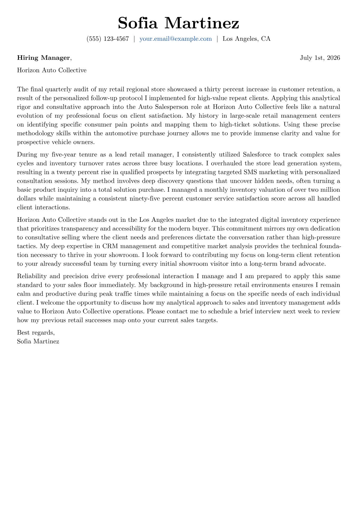 Auto Salesperson cover letter in the Basic design