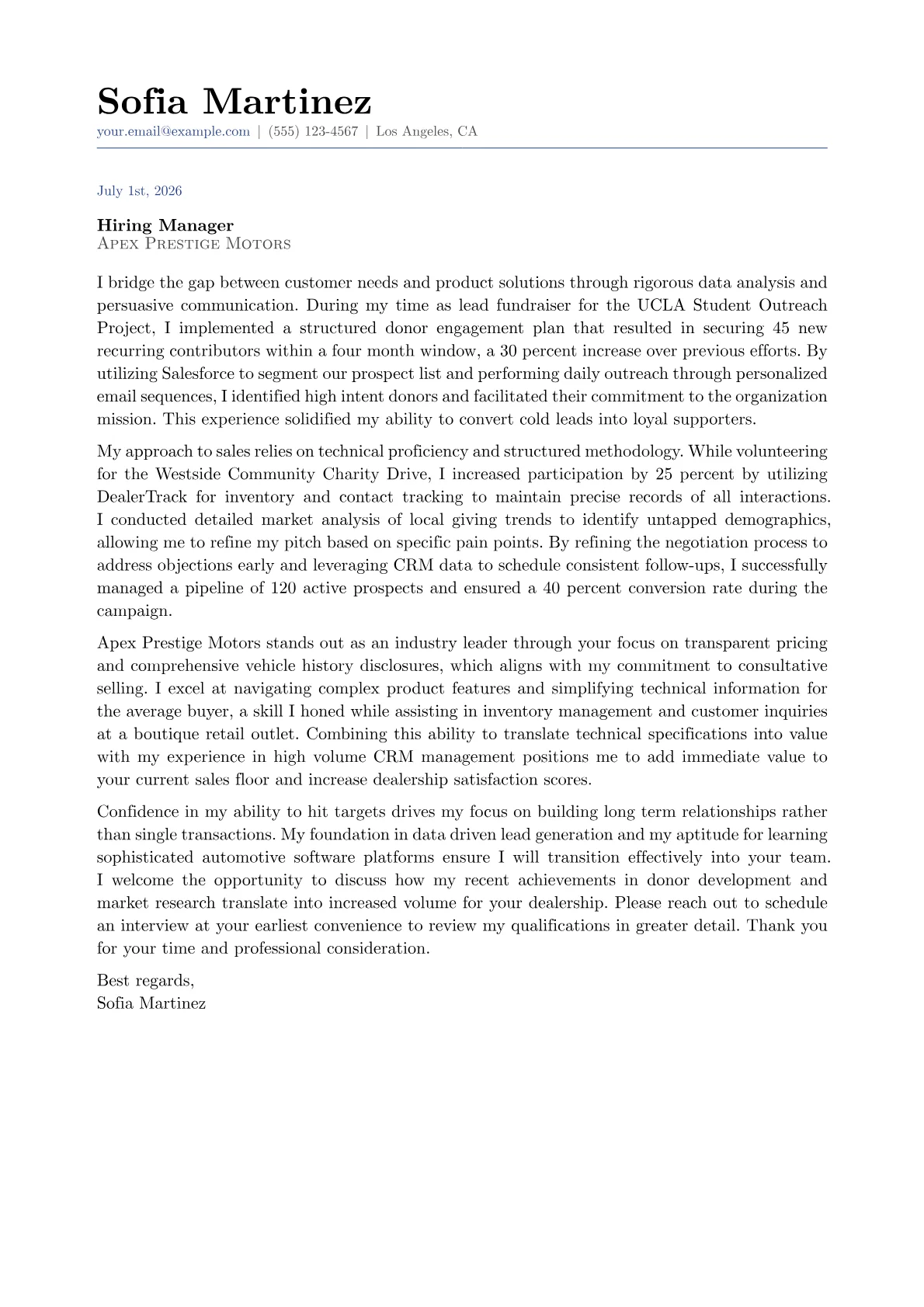 Auto Salesperson cover letter in the Classic design