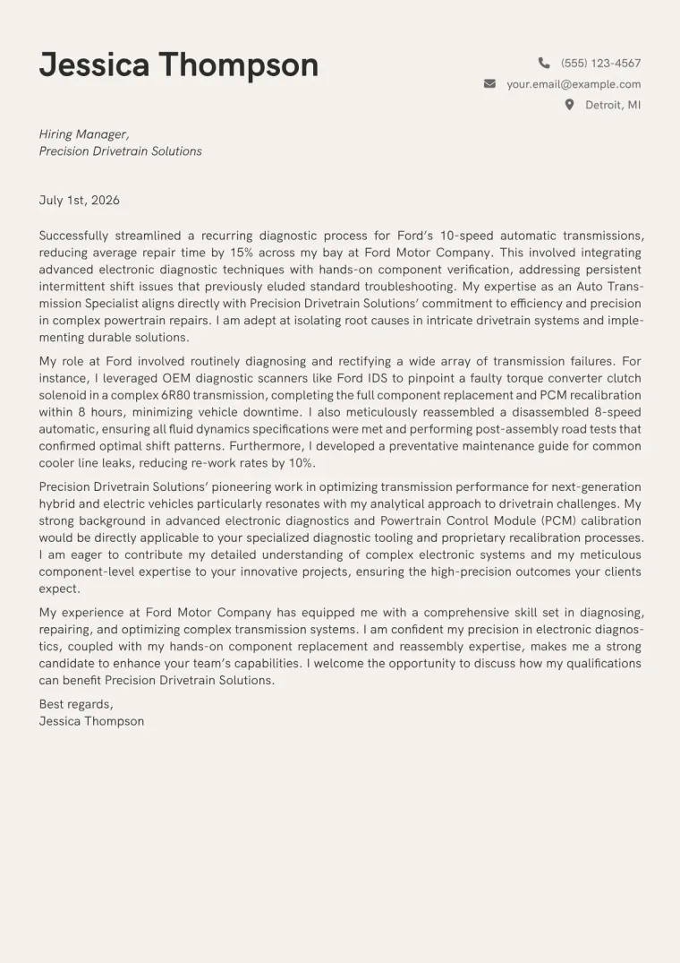 Auto Transmission Specialist Cover Letter Example