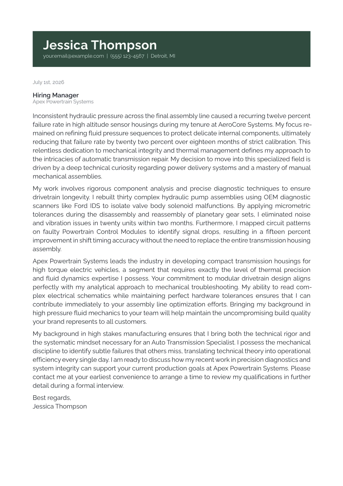 Auto Transmission Specialist cover letter in the Banner design