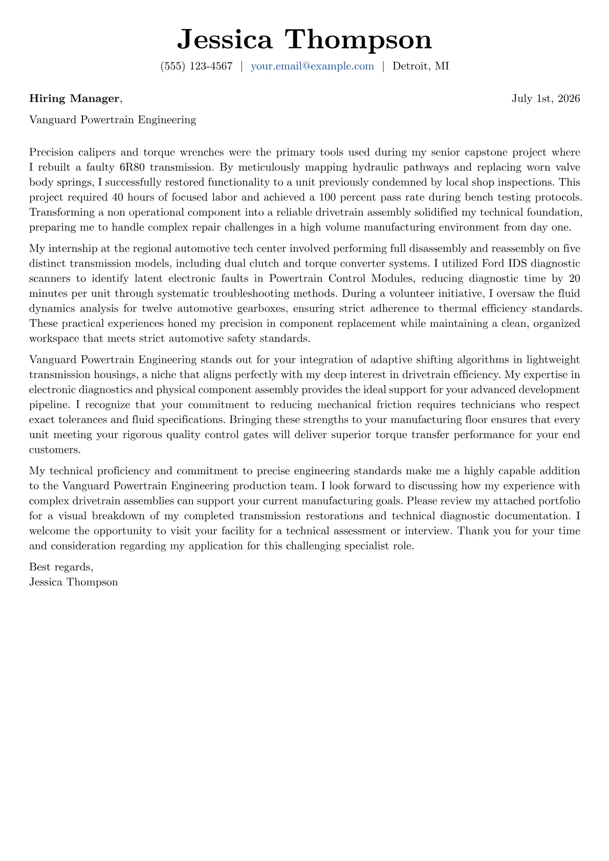 Auto Transmission Specialist cover letter in the Basic design
