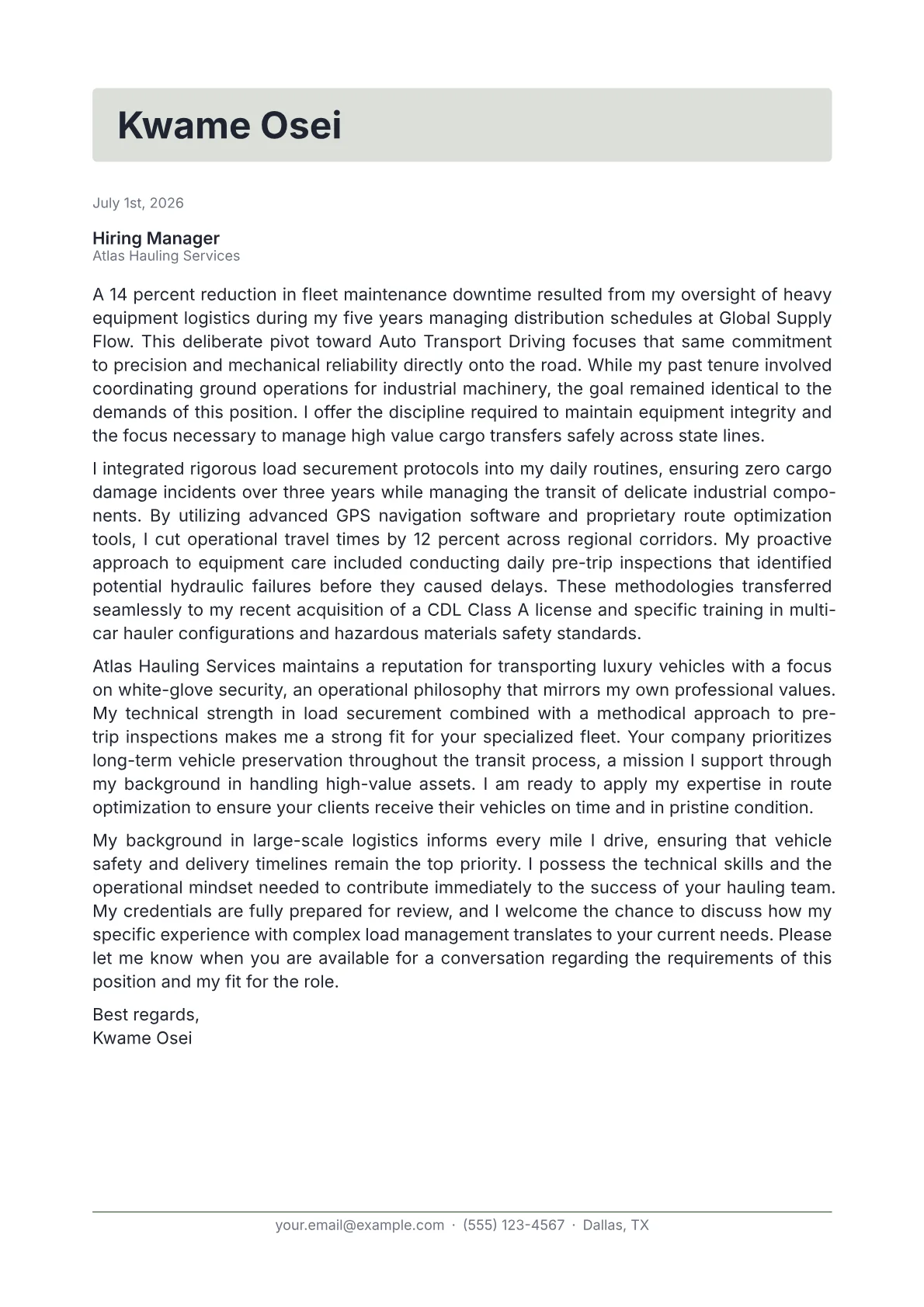 Auto Transport Driver cover letter in the Letterhead design