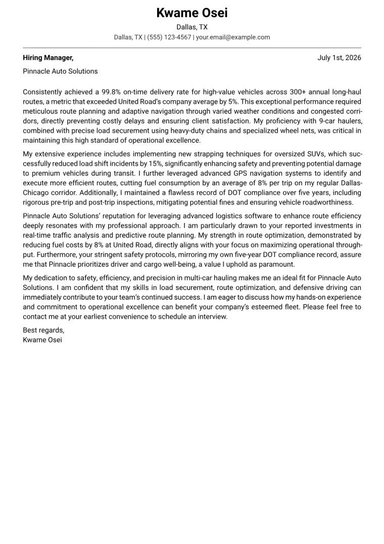 Auto Transport Driver cover letter example preview