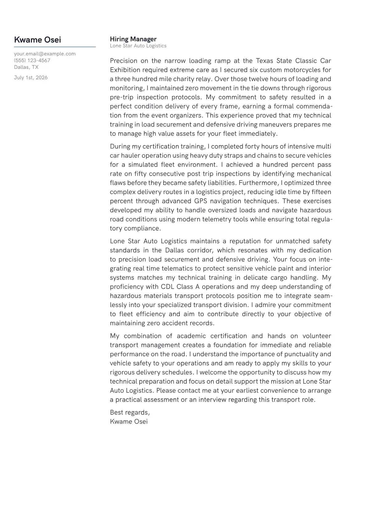Auto Transport Driver cover letter in the Margin design