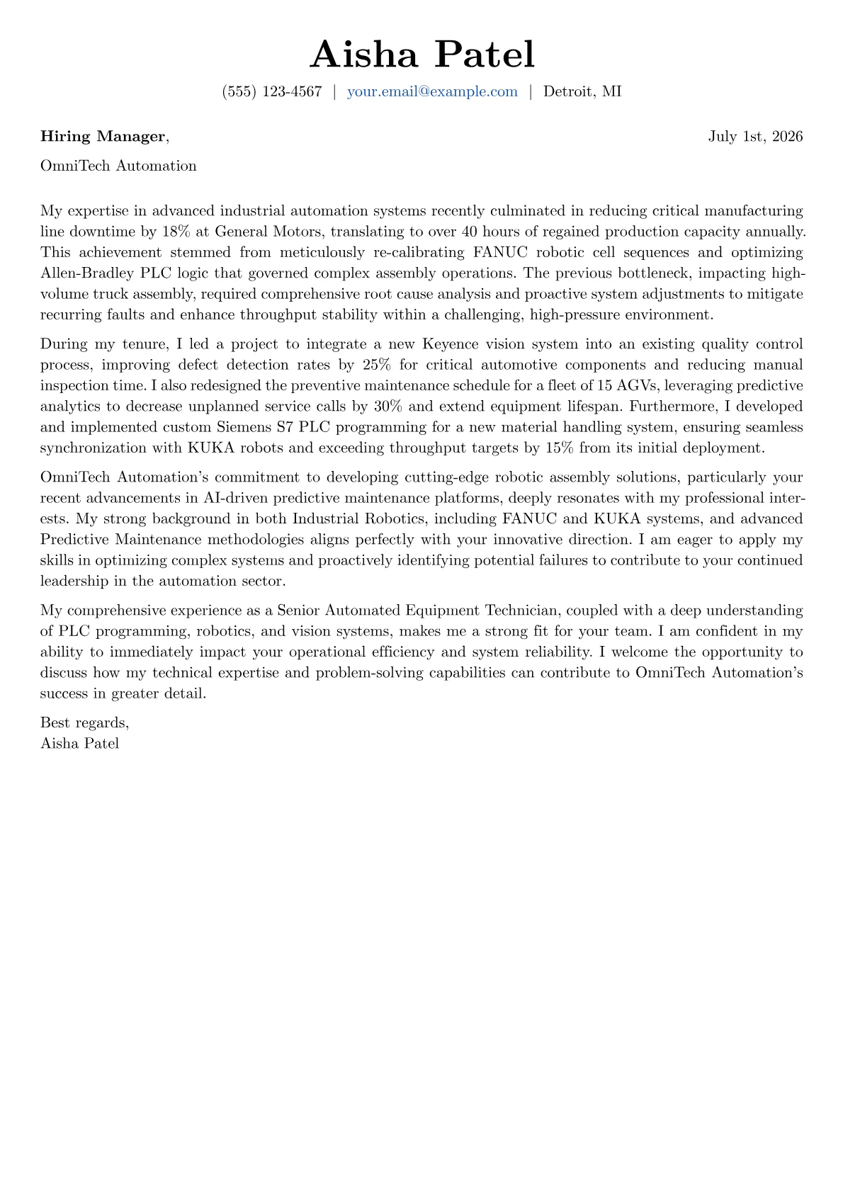 Automated Equipment Technician cover letter formatted with a JobSprout template