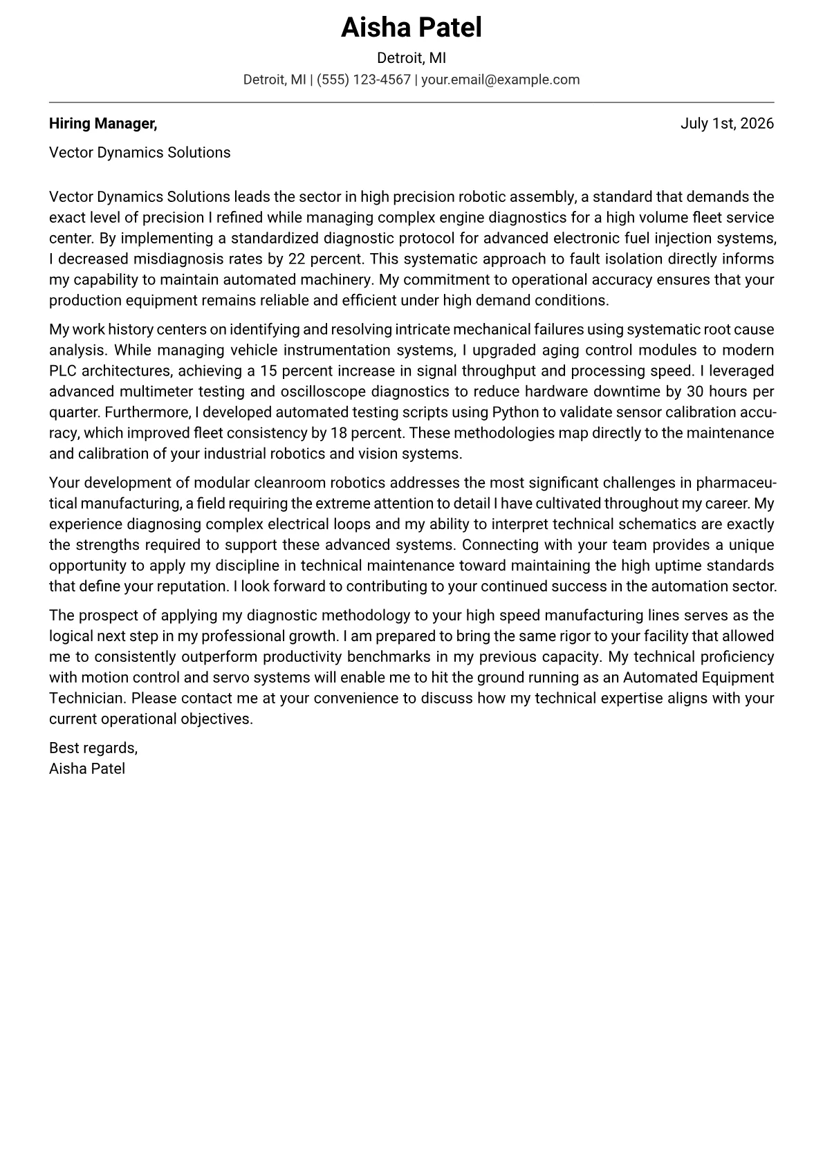 Automated Equipment Technician cover letter in the Modern design