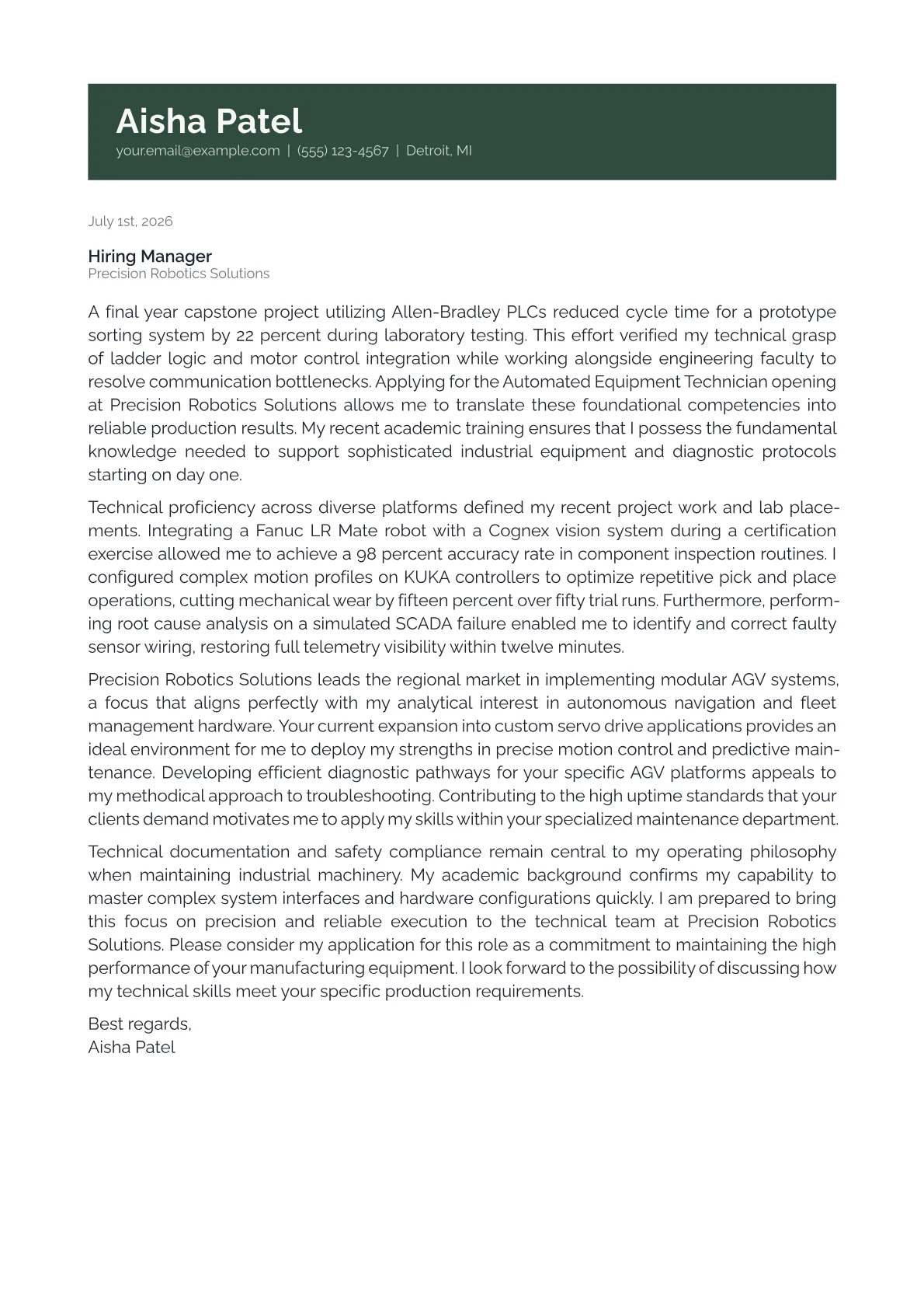 Automated Equipment Technician cover letter in the Banner design
