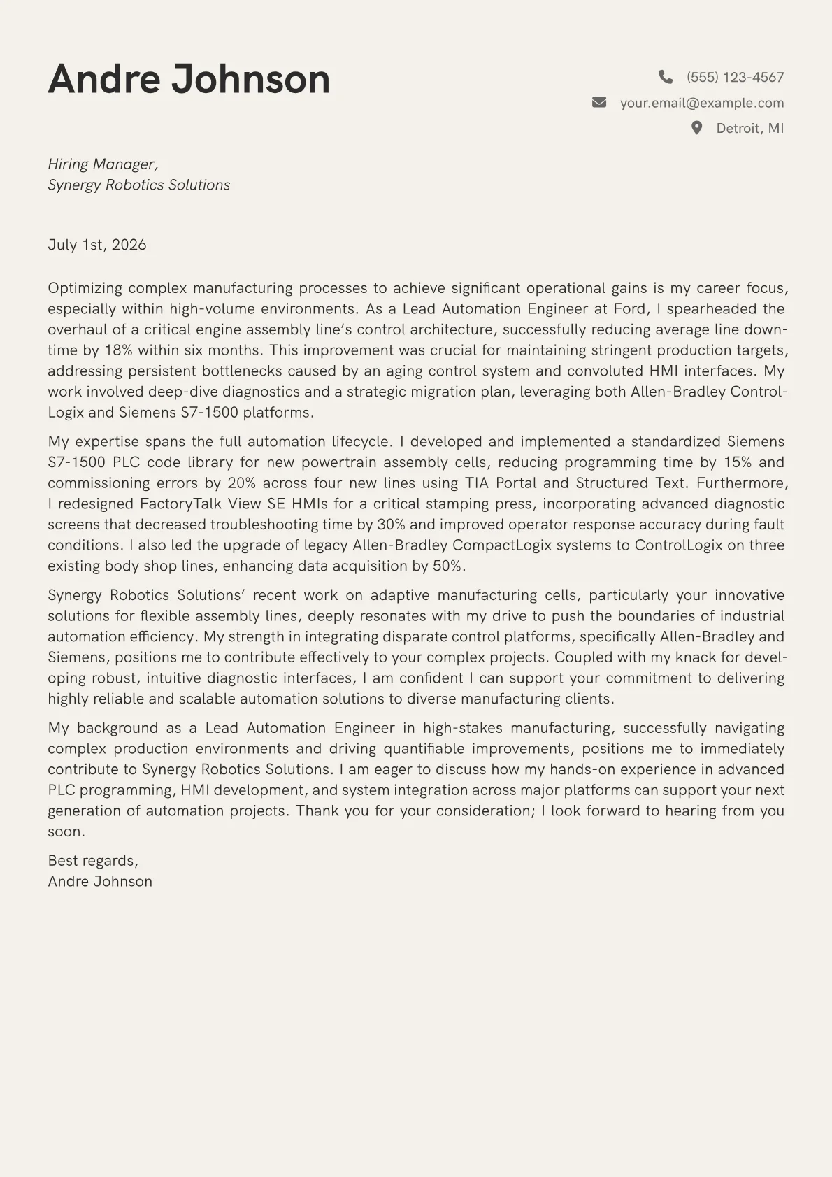 Automation Controls Engineer cover letter formatted with a JobSprout template