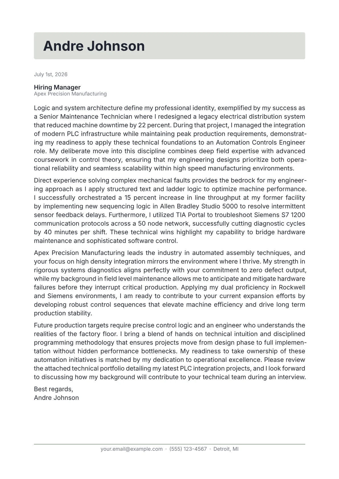 Automation Controls Engineer cover letter in the Letterhead design