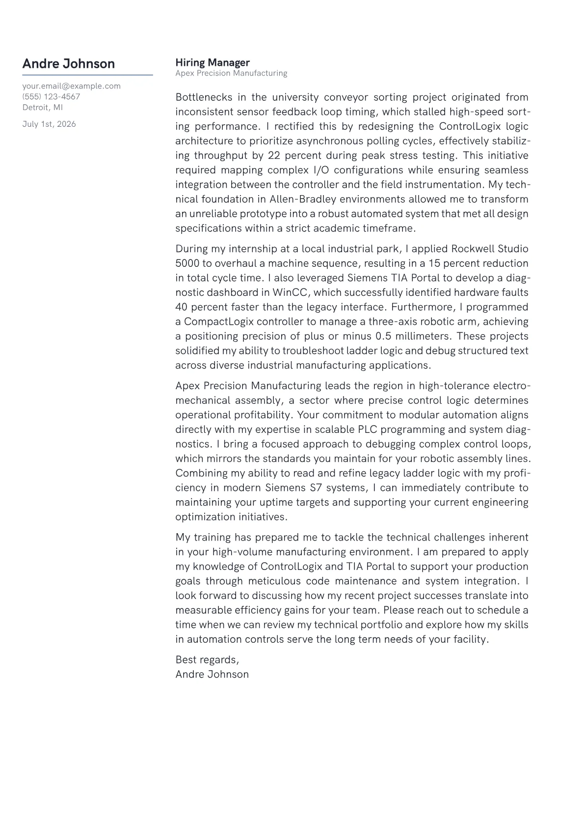 Automation Controls Engineer cover letter in the Margin design