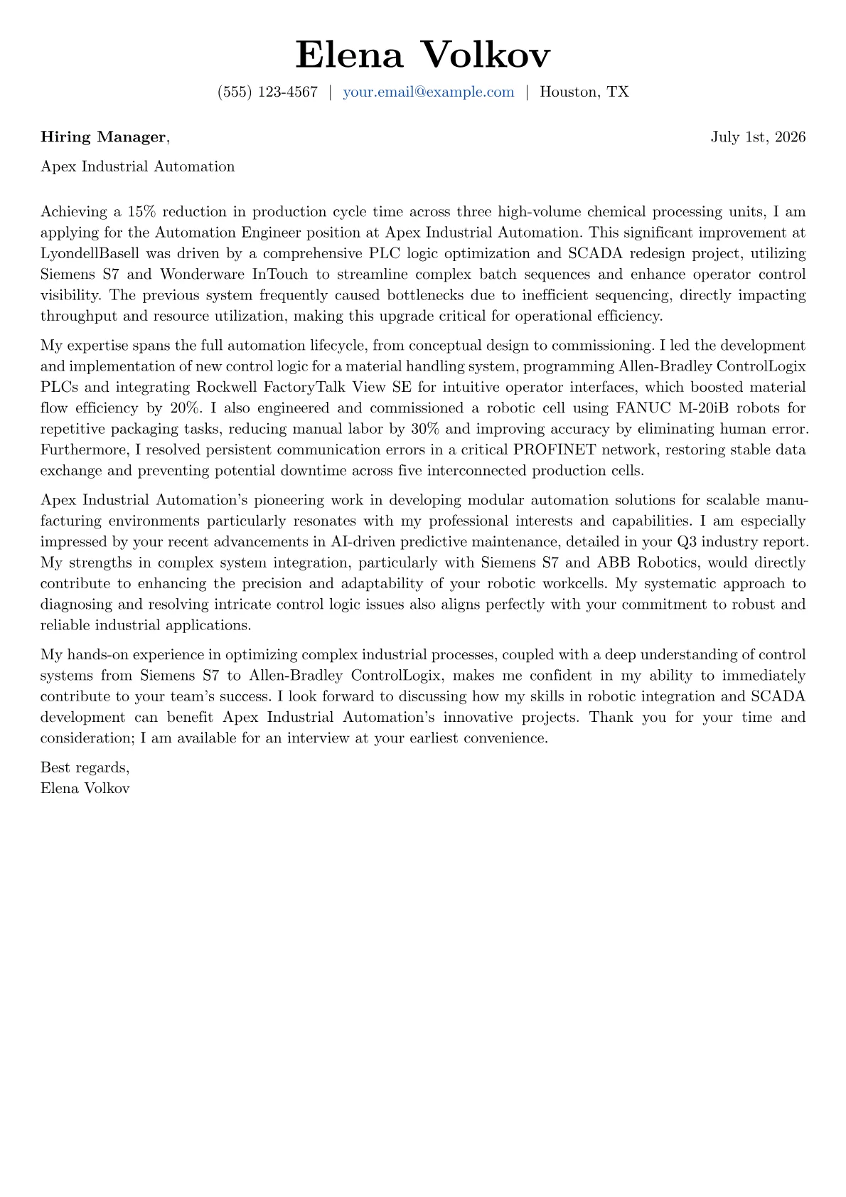 Automation Engineer cover letter formatted with a JobSprout template
