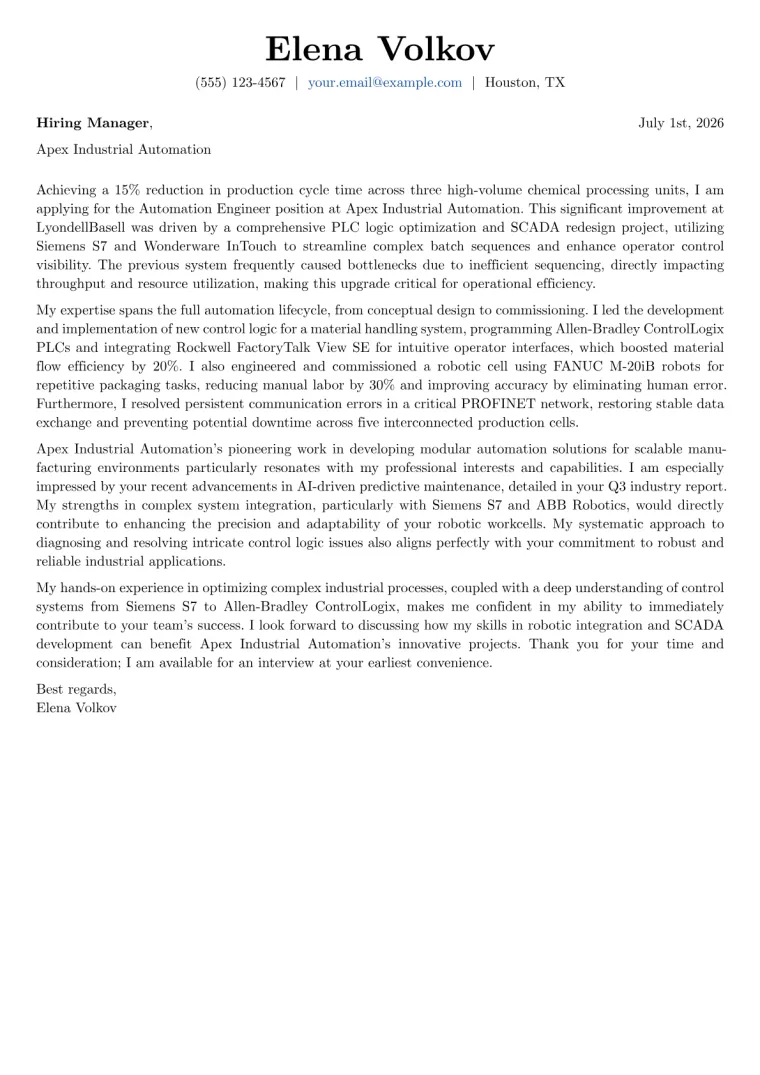 Automation Engineer cover letter example