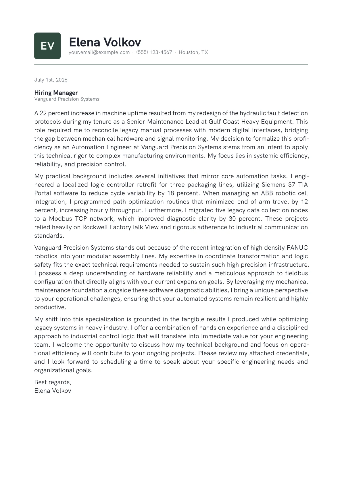 Automation Engineer cover letter in the Emblem design